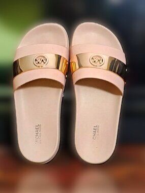 Michael Kors MK Charm Slide Sandals – Rose Gold & Gold Hardware